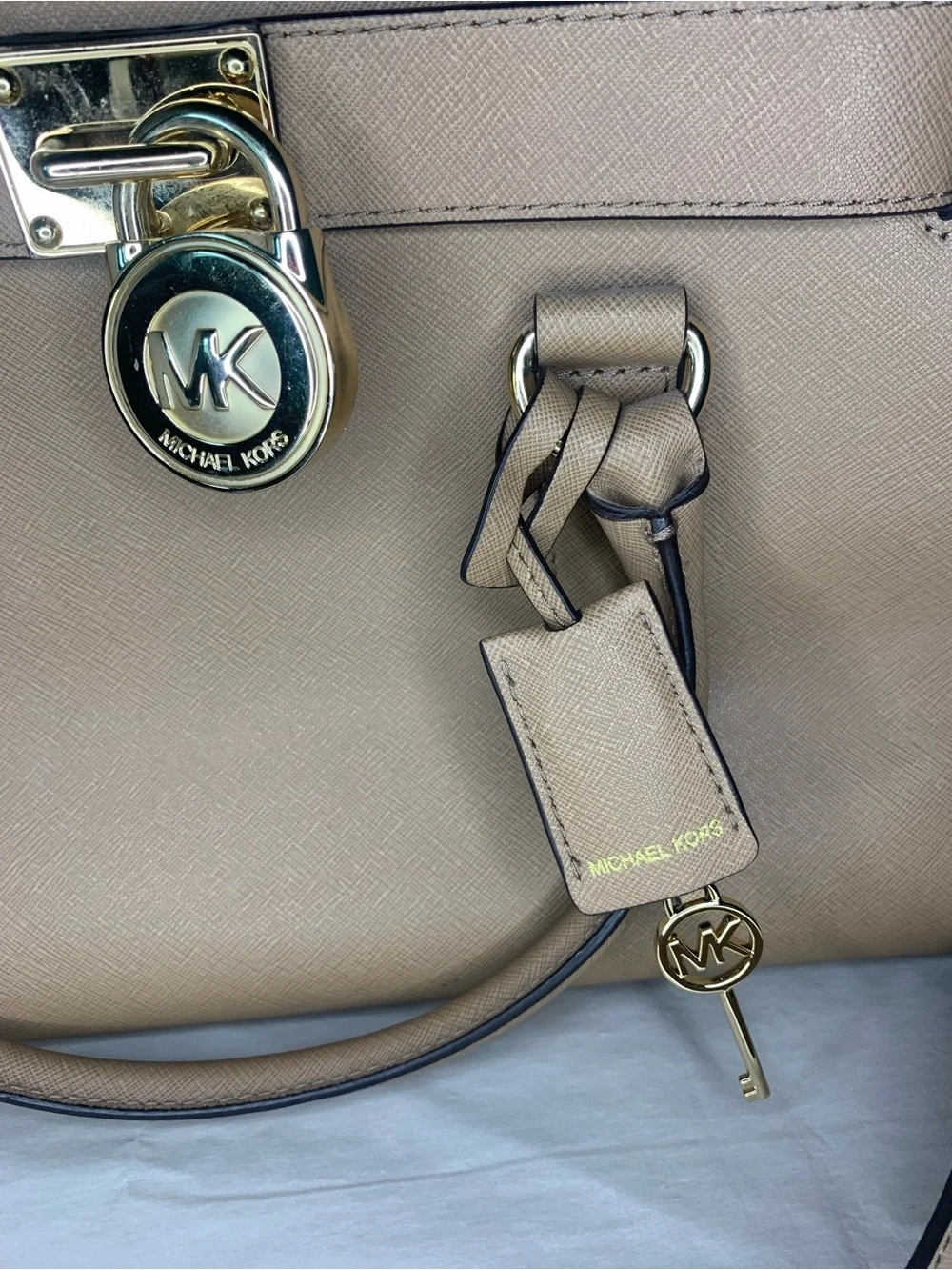 Michael Kors Hamilton Beige Saffiano Leather Satchel with Gold Hardware
